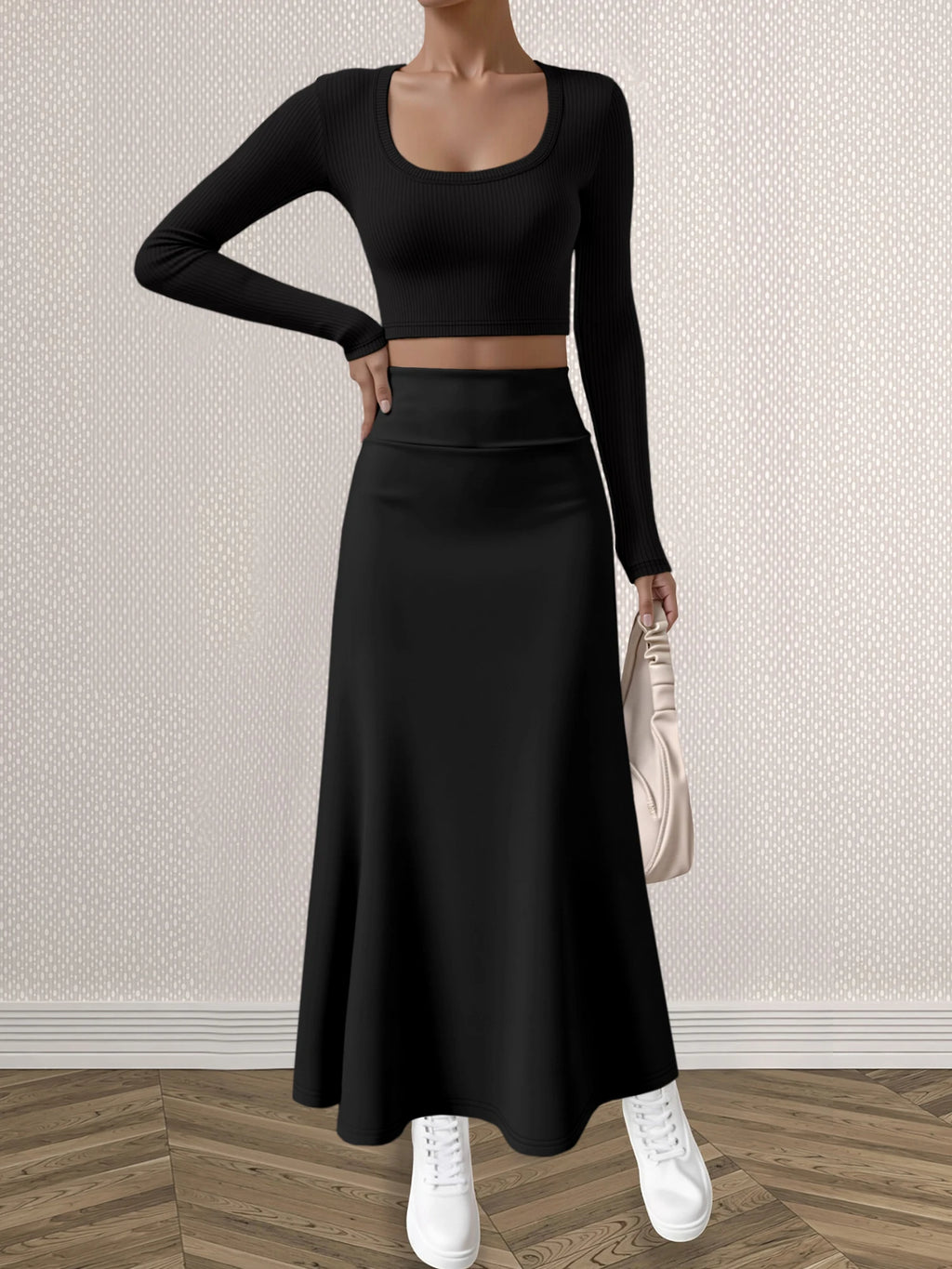 Mature Style Women 2Pcs Outfit, Ribbed Square Neck Crop Top + High Waist Draped A-Line Maxi Skirt
