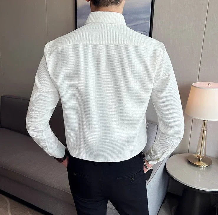 Male Shirts Green Plain Men's Shirt Business Waffle Designer Fashion 2025 Hipster Regular Elegant Slim Fit Cheap Brand Social I