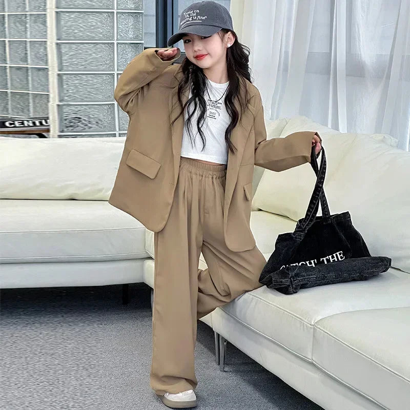 Girls Blazer Set Spring Autumn Fashion Loose Fit Jacket Trousers 2-Piece Kids Casual Outfit Trendy School Children Clothes Suit