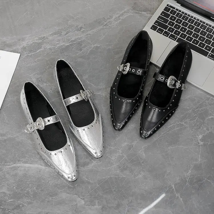 Women's Dance Shoes, Lightweight Punk Rivet Mary Jane Flats, Metallic Pointed Toe Casual Shoes for Festival,Party and Streetwear