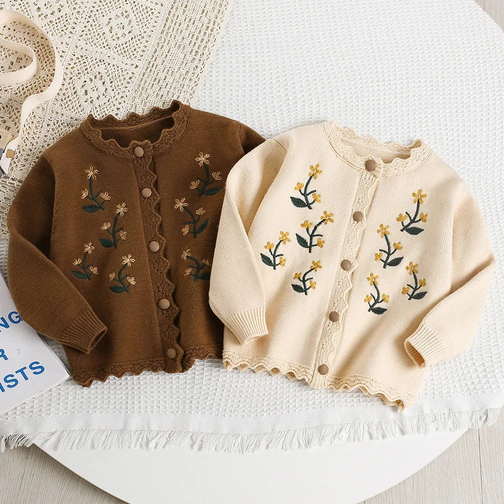 Baby Girl Clothes Girls Knitted Sweater Set Embroidered Flower Design Two-Piece Jacket And Pants Spring Autumn Korean Style