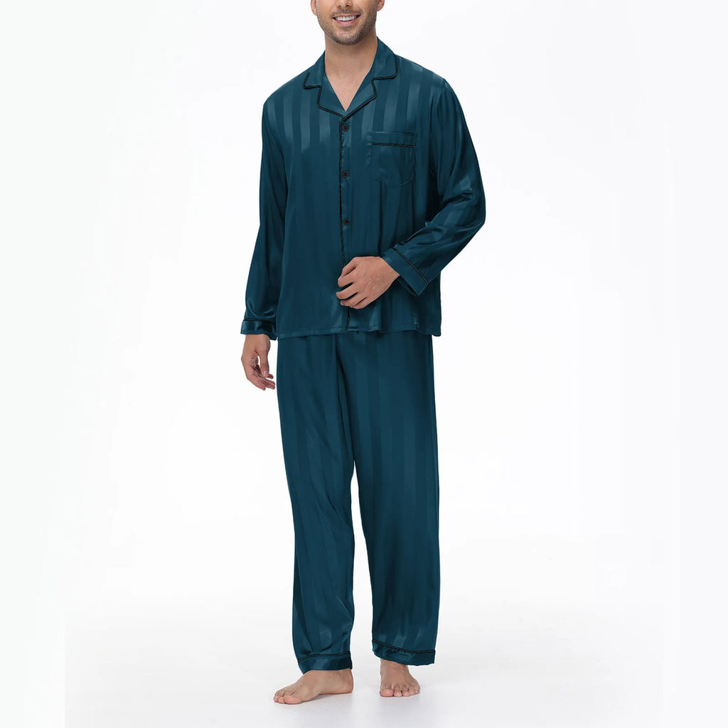 Men Pajamas Sleepwear 2PCS Set Navy Blue Stripes Long Sleeve Trouser Suits Home Clothes Male Loose Silk Satin Pijamas Loungewear