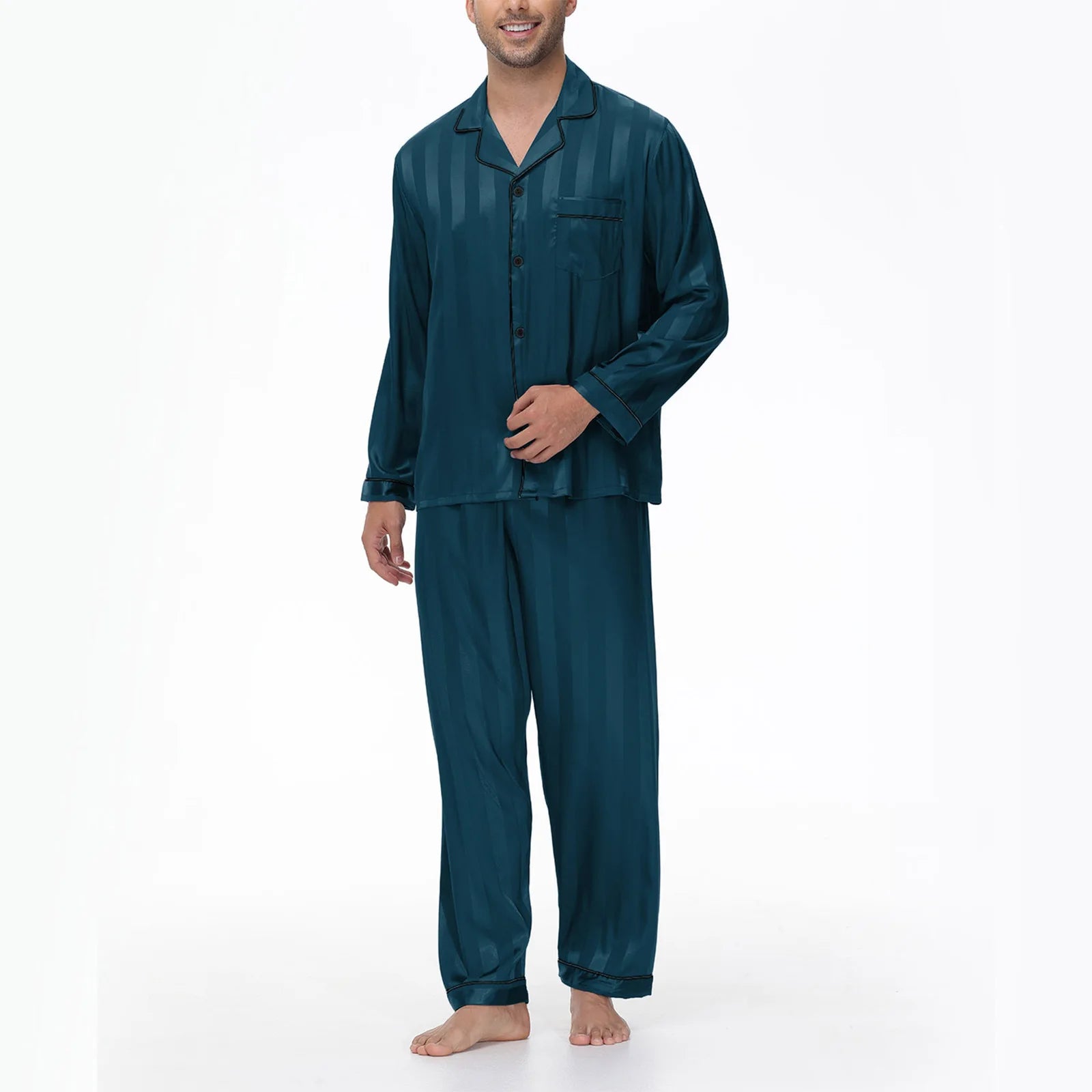 Men Pajamas Sleepwear 2PCS Set Navy Blue Stripes Long Sleeve Trouser Suits Home Clothes Male Loose Silk Satin Pijamas Loungewear