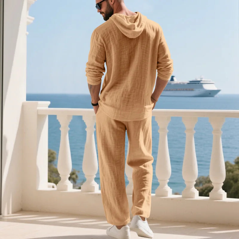 Men's Linen Hooded Sets 2 Piece Outfit Summer Casual Long Sleeve Hoodie and Wide Leg Pants Set for Men