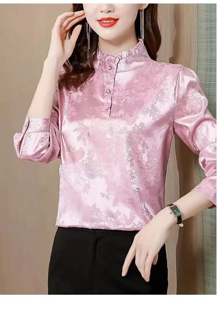 Premium Satin Blouse Women Spring Age-Reducing Print Loose Long Sleeve Top Fashion Elegant Collar Shirt