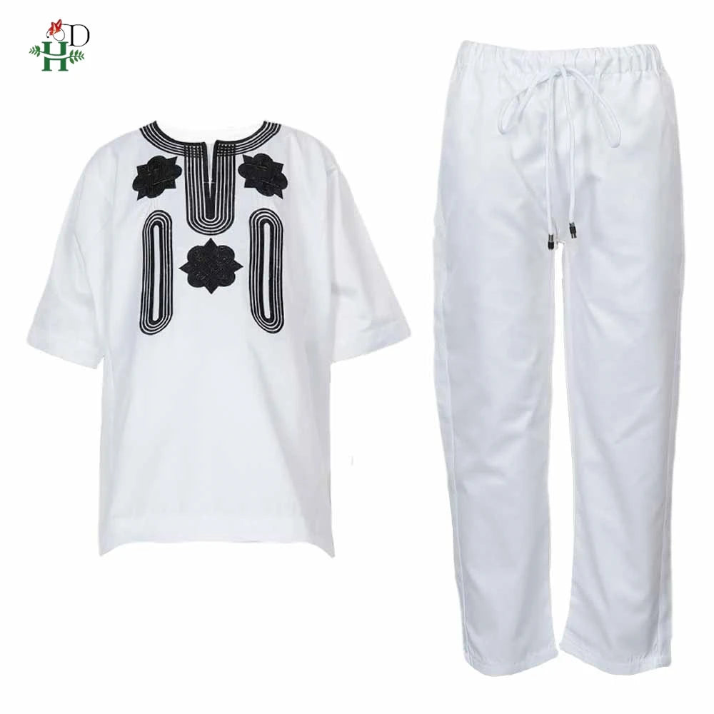 2025 New African Traditional Clothes For Kids Boy White Blue 3 PCS Set Long Sleeve Tops Embroidery Dashiki Robe Shirt Pant Child