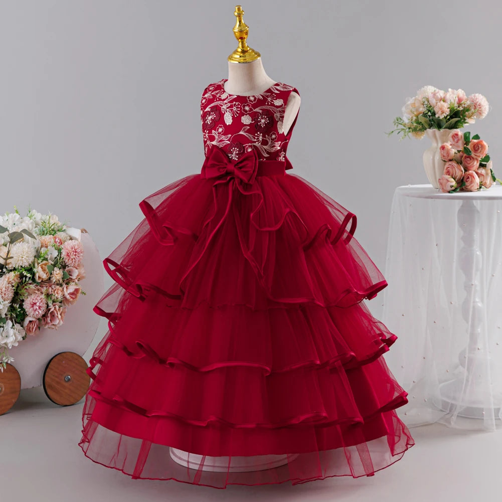 Girls Princess Dress Sleeveless Lace Embroidery Tiered Tulle Bow Formal Evening Gown for Wedding Birthday Party Christmas