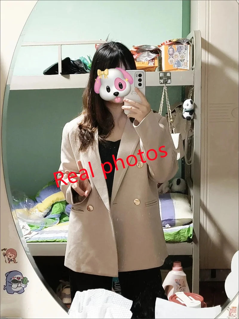 Fashion Woolen Suit Jacket Women's Vintage Blazers Double-breasted Office Coat Female Casual Outerwear Spring Autumn Streetwear