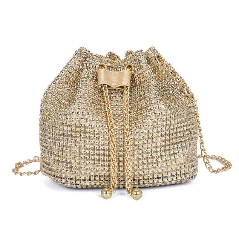 Women Luxury Shoulder Bag Solid Color Rhinestone Glittering Satchel Bag Drawstring Shinny Sling Purse Dinner Party Bag