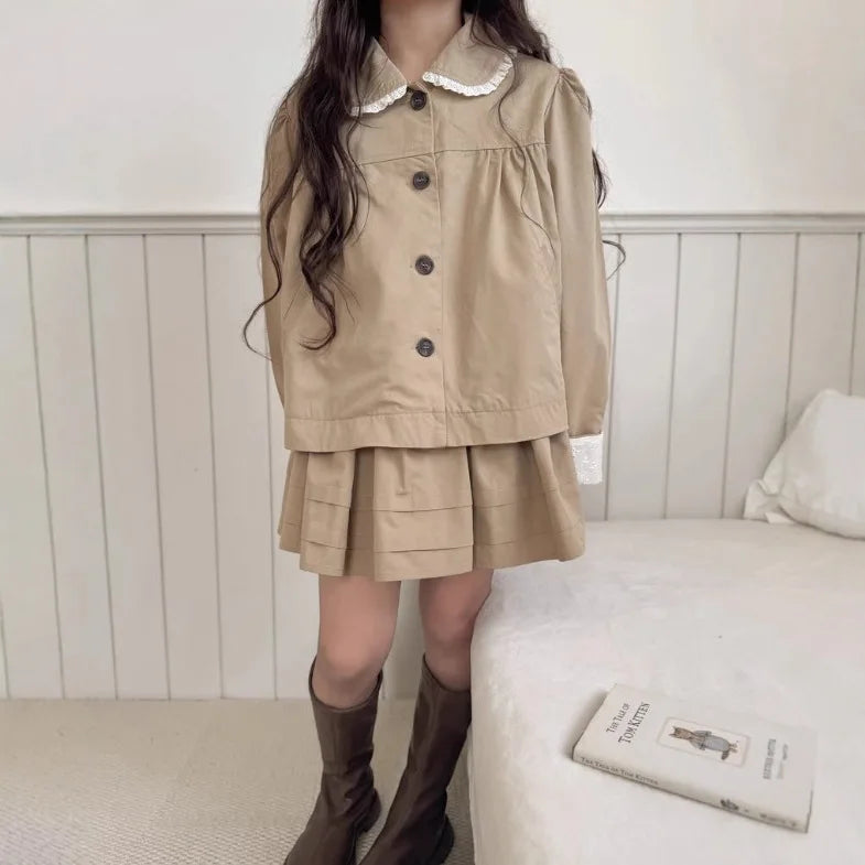 2025 Japanese Girls' Spring and Autumn Cotton Casual Ruffle Collar Jacket, Half Skirt, Children's Forest Two-piece Set