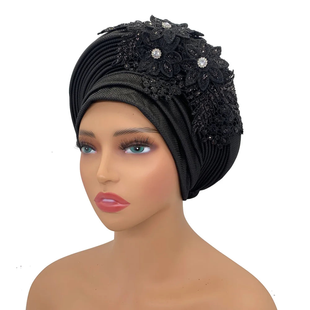 Elegant African Autogele Women's Turban Cap Nigeria Wedding Gele Ready to Wear Headtie with Embroidery Lace Party Headwear
