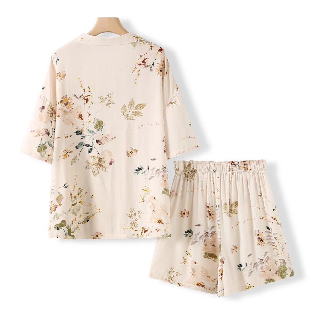 Elegant Versatile Floral Shirt & Shorts/Pants Set Women French Style Silky Viscose Loungewear 2Pcs Summer Pajamas Outerwear Top
