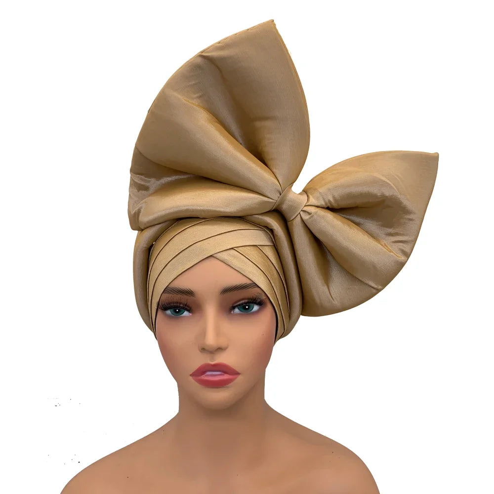 Exaggerated Headpiece African Auto Gele Headtie Nigeria Party Headwear Hat Lady Head Wraps Big Bowknot Turban Cap for Women