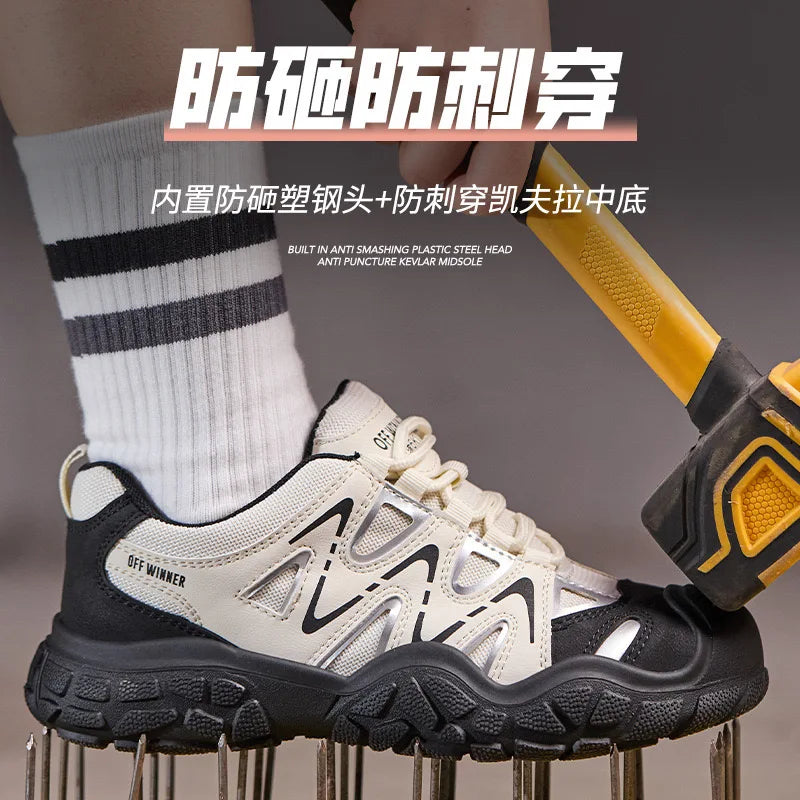 Women's safety shoes with steel toe caps, anti smashing and anti puncture rotating buttons, no tie up, hot selling shoes
