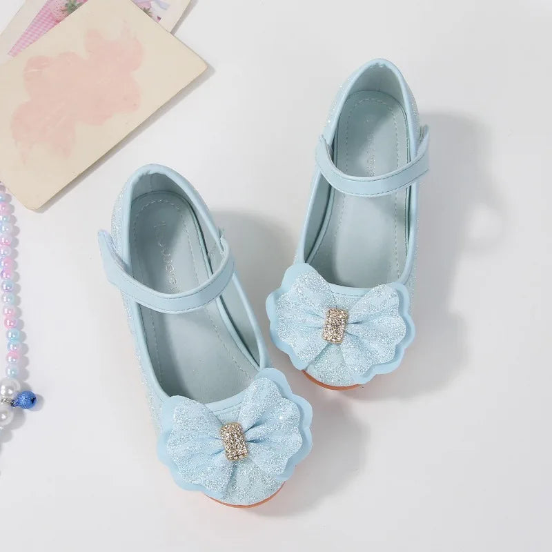 Elegant Girl High Heel Shoes for Princess 2026 New Children's Baby Fashion Party Shoes Sweet Bowknot Kids Sequins Leather Shoes