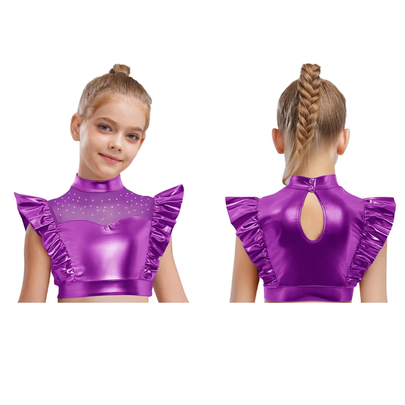 Kids Girls Metallic Shirts Party Disco Jazz Dance Tops Mock Neck Mesh Splice Shiny Rhinestone Sleeveless Ruffle Tank Crop Tops
