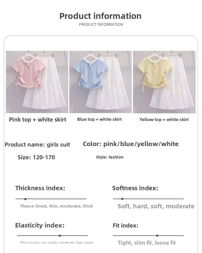 Summer Teenage Girls Clothes Set Children O-Neck Tshirt and Mid Skirt Suit Student School Short Sleeve Top Bottom Outfits
