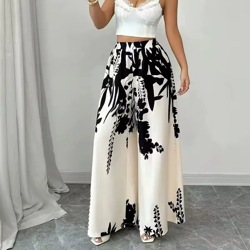 Women's Trousers Fashionable High Street Black And White Flower High Waist Casual Wide Leg Pants 2026 Spring Summer New Style