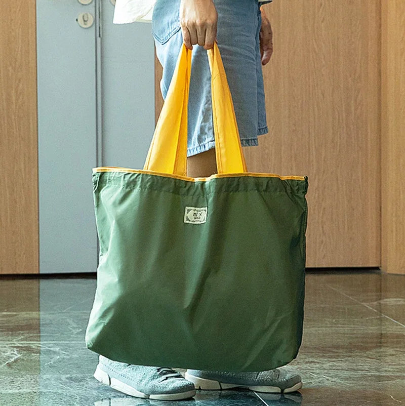 Women Fashion Shopping Bag Eco Large Polyester Beach Bag Tote Large Capacity Reusable Drawstring Bag Nylon Foldable Grocery Bag