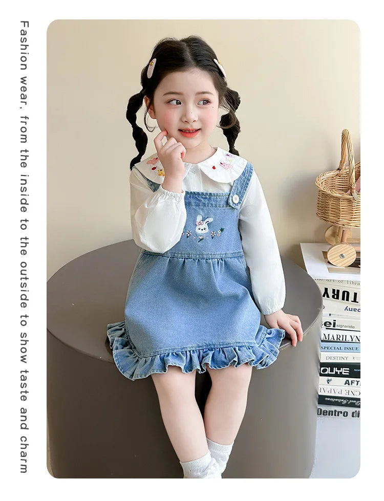 Girls Shirt Set Spring 2026 New Foreign Style Two-piece Set Baby Denim Strap Skirt