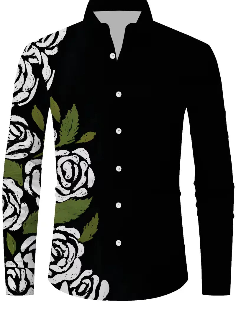 New men's floral shirt long sleeved casual shirt fashionable rose 3D butterfly print lapel slim fit Hawaiian shirt