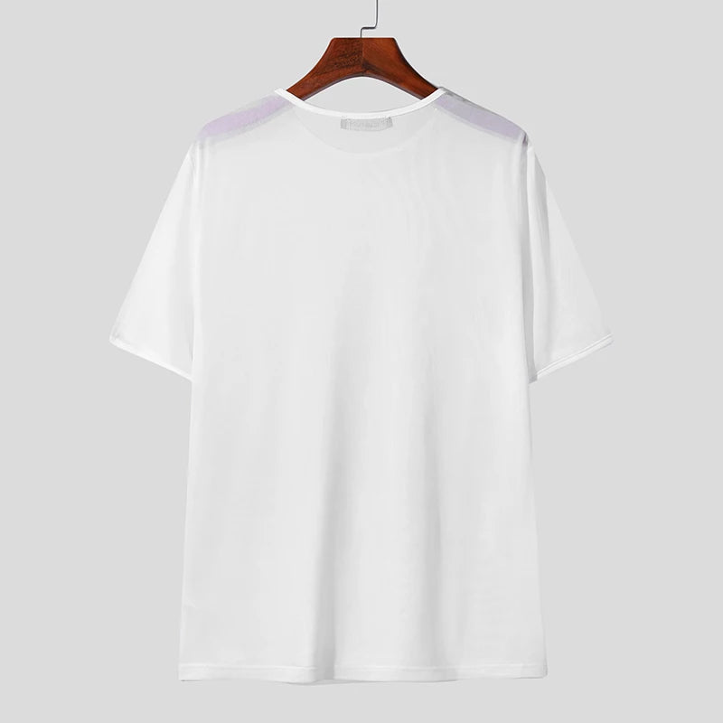 2024 Men T Shirts Mesh Transparent O-neck Short Sleeve Streetwear Men Clothing Solid Color Sexy Fashion Camisetas S-3XL INCERUN