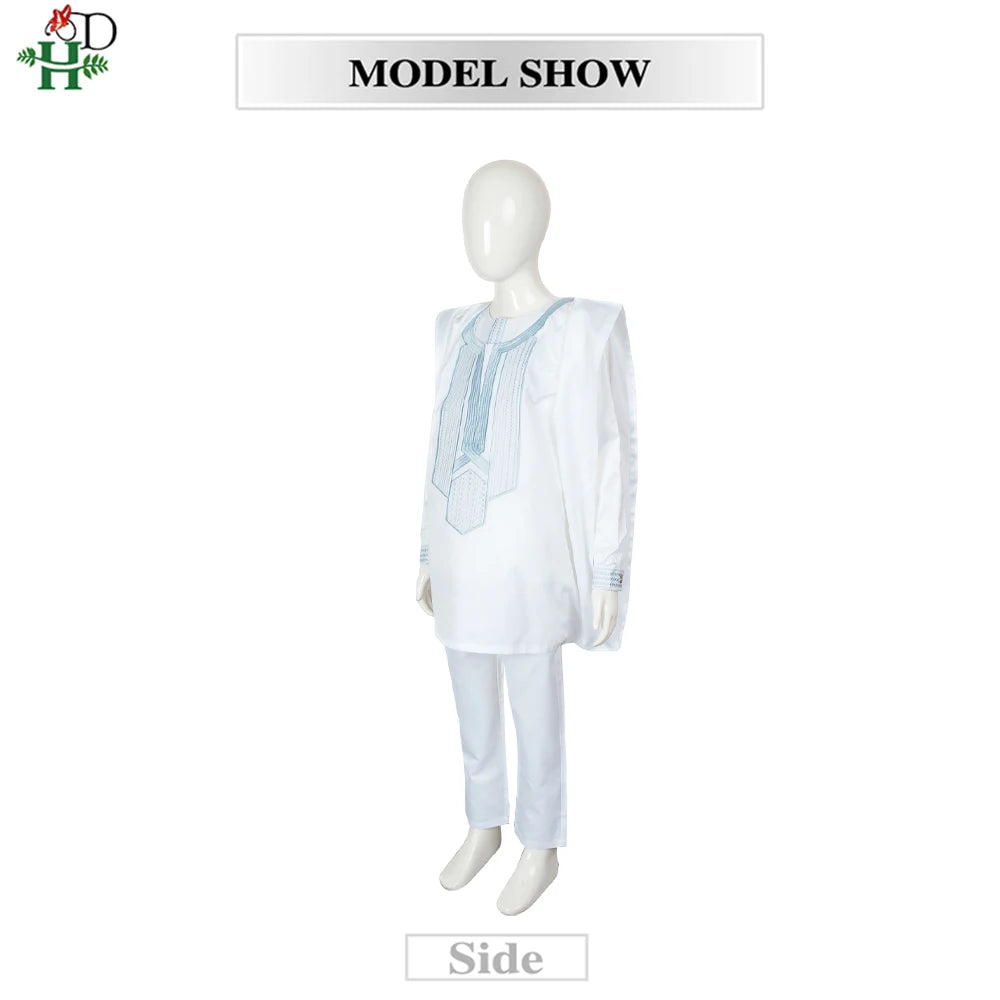 2025 New African Traditional Clothes For Kids Boy White Blue 3 PCS Set Long Sleeve Tops Embroidery Dashiki Robe Shirt Pant Child