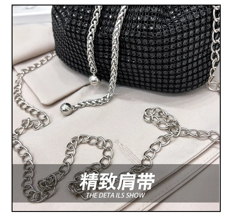 Women Luxury Shoulder Bag Solid Color Rhinestone Glittering Satchel Bag Drawstring Shinny Sling Purse Dinner Party Bag