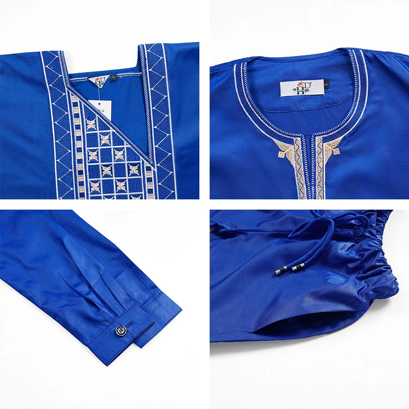 2025 New African Traditional Clothes For Kids Boy White Blue 3 PCS Set Long Sleeve Tops Embroidery Dashiki Robe Shirt Pant Child