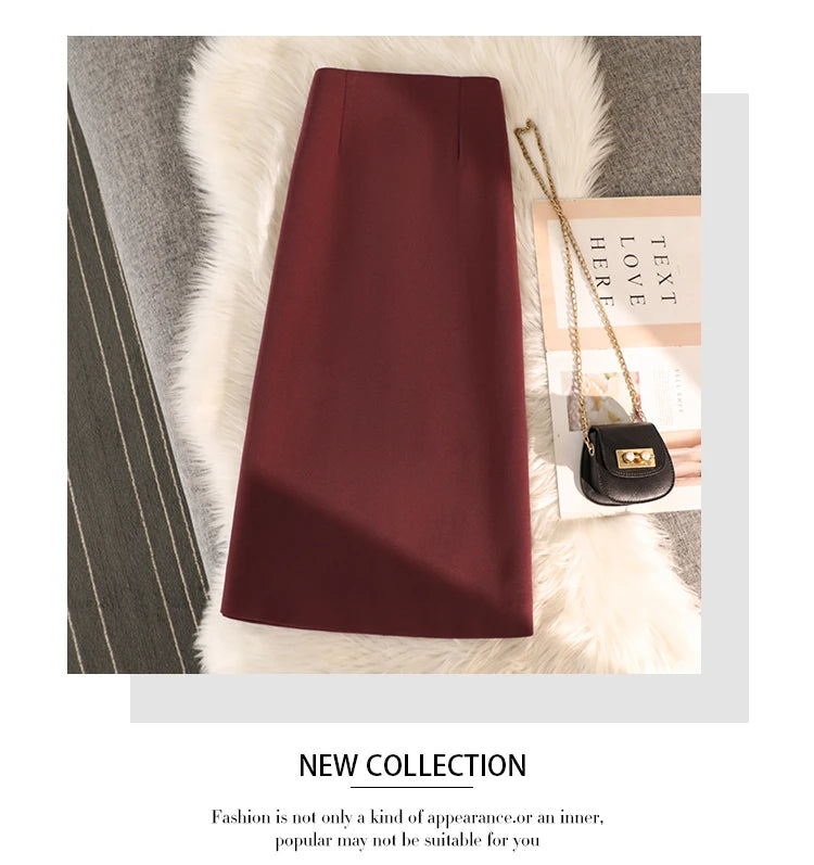 Elegant Office Ladies Work Suit Straight Skirt Women Autumn Winter Korean Fashion High Waist Split Business Midi Long Skirts