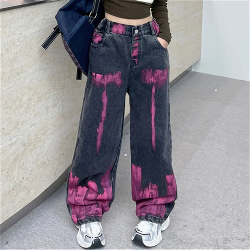 Kids Jeans for Girls Fashion Graffiti Dyeing 2025 Spring Autumn Hot Sales Teenager Unique Wide Leg Pants Korean Style Trousers