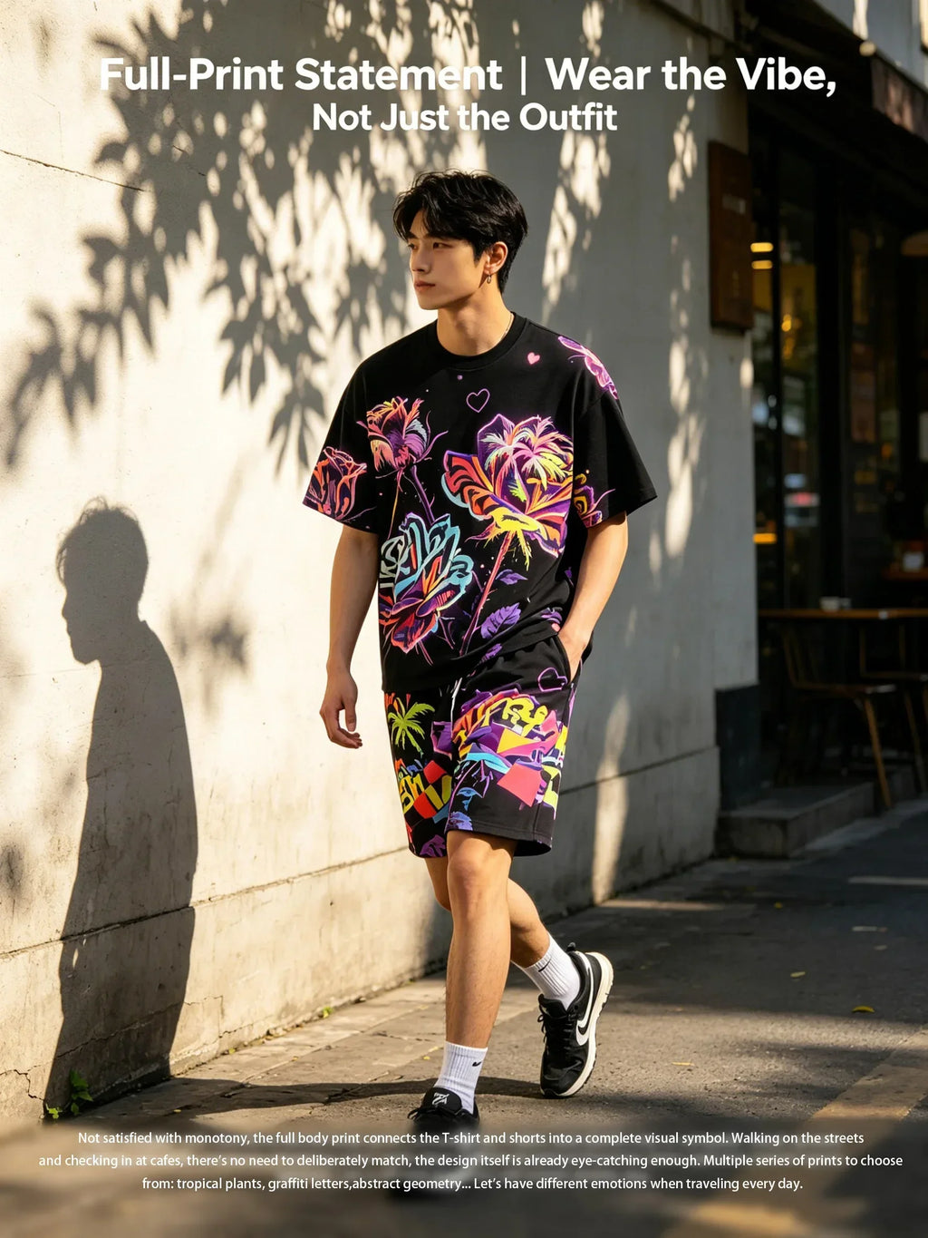 Summer Men's 2-Piece Print Set Casual Loose T-Shirt & Elastic Waist Shorts Outfit