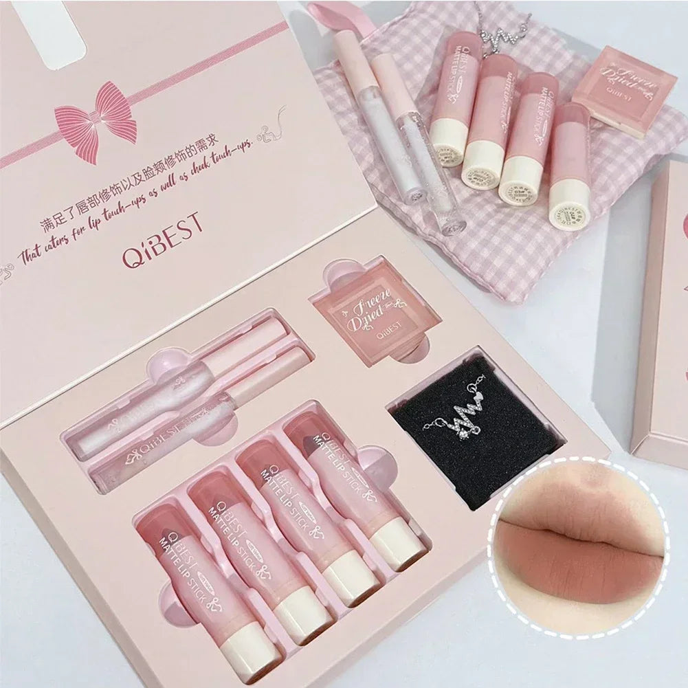 8Pcs Makeup Set Include 4pcs Velvet Nude Matte Liquid Lipstick And 1pc Face Blush Palette With Necklace Gift Cosmetics