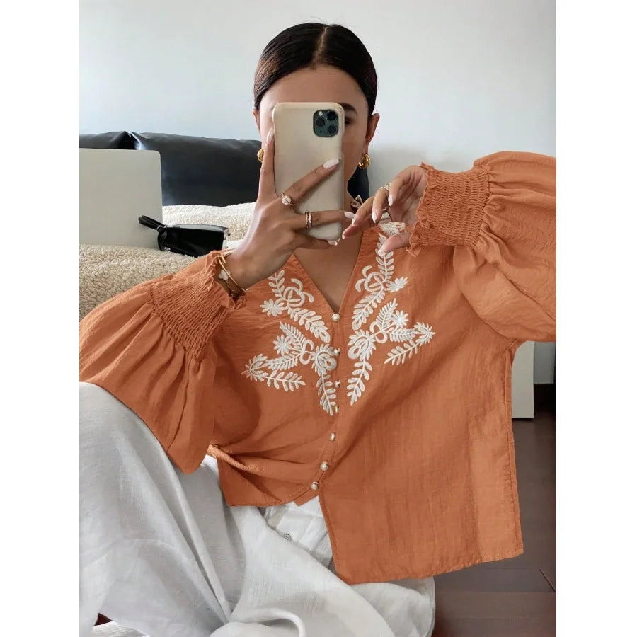 Women Autumn Single Breasted V-neck Blouses and Shirts Ladies Casual Embroidery Long Sleeve Shirt Tops
