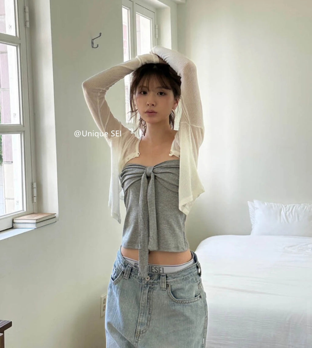 Summer Spicy Girl  Knot Tie Neck Vest Top Washed Denim Blue Women's Fashion Straight Cut Outerwear Short Length