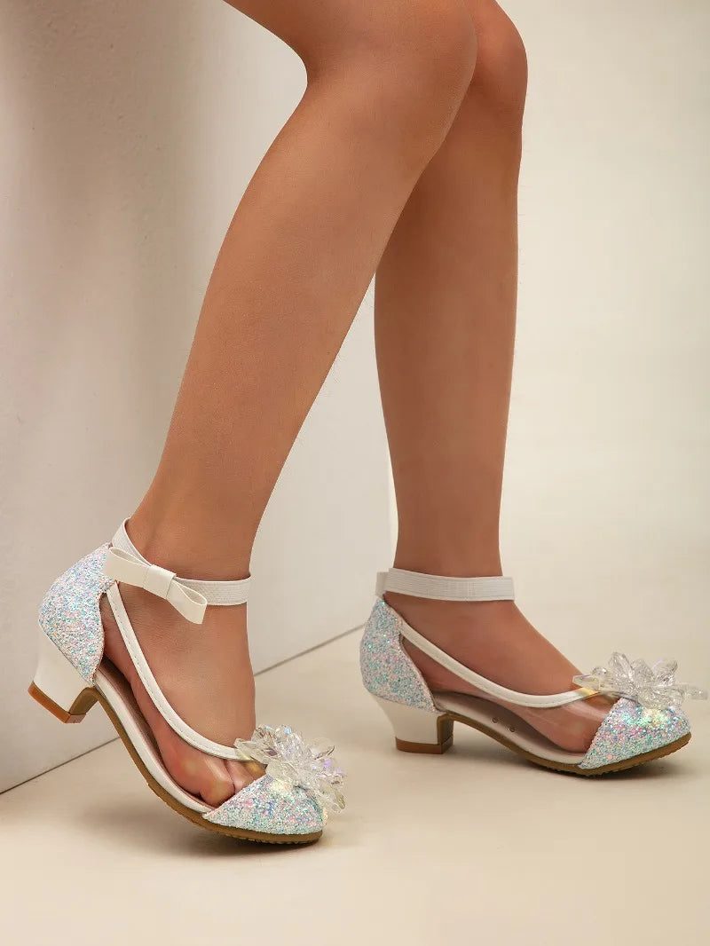 2025 New Girl's High Heel Shoes Ankle-strap Bowknot Children Princess Shoes Fashion Sequins Kids Leather Shoes for Wedding Party