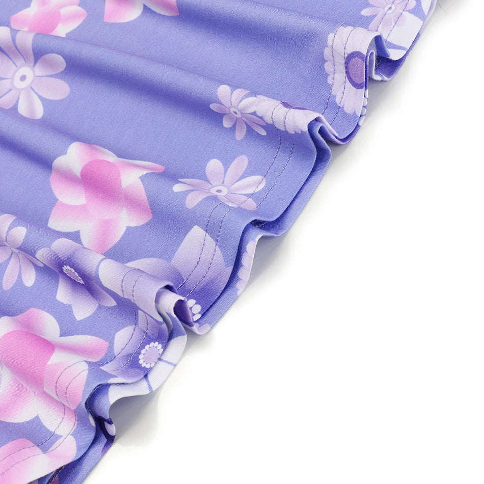 Summer Girls Dresses Cute Flower Print Round Neck Casual Dresses Carnival Party Girls Casual Dresses Princess Outfits