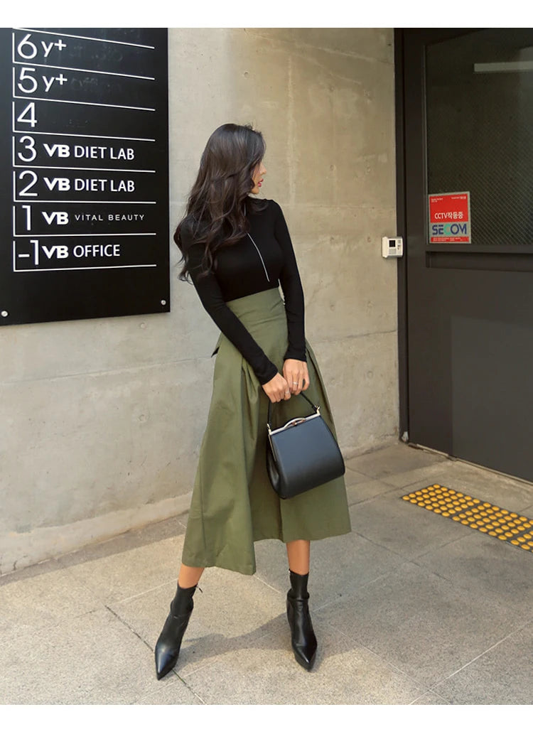 Skirts Womens Korean Fashion Solid Color Big Swing Ladies Skirt Long Skirt 2025 Autumn Wild High Waist Bow Slim Skirts