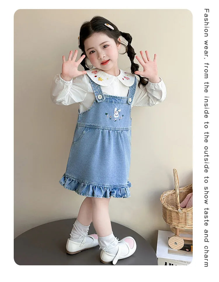 Girls Shirt Set Spring 2026 New Foreign Style Two-piece Set Baby Denim Strap Skirt
