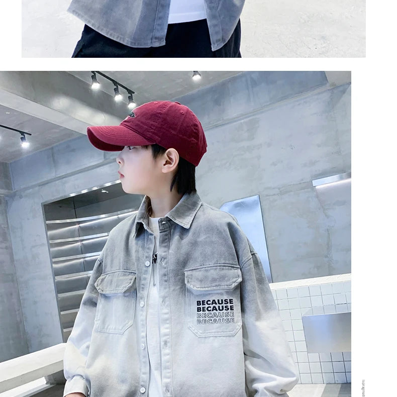 Loose Teenage Boy Gray Gradient Denim Shirt Jacket For Child Age 5 6 7 8 9 10 11 12 13 14 Years Kids Casual Spring Clothing Coat