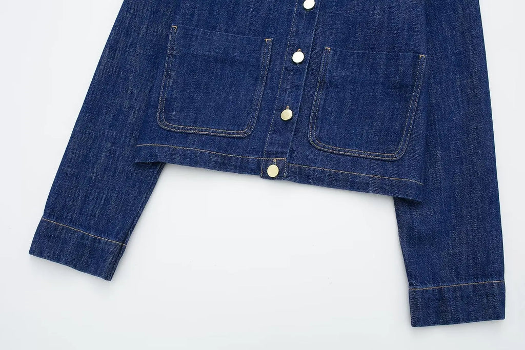 HH 2024 Spring Women 2 Piece Denim Trousers Suits Solid O Neck Coat Top + Pockets Elegant Female Straight Wide Leg Long Pant