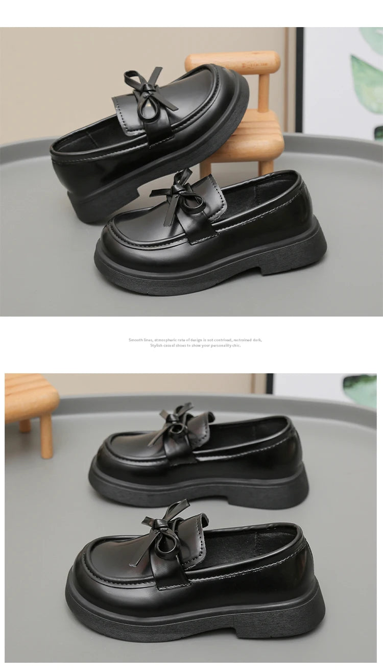 Girls Leather Shoes for Students School Uniform Shoes Black Matte 2025 New Fashion Children Flat Shoes Simple Bows Soft Sole