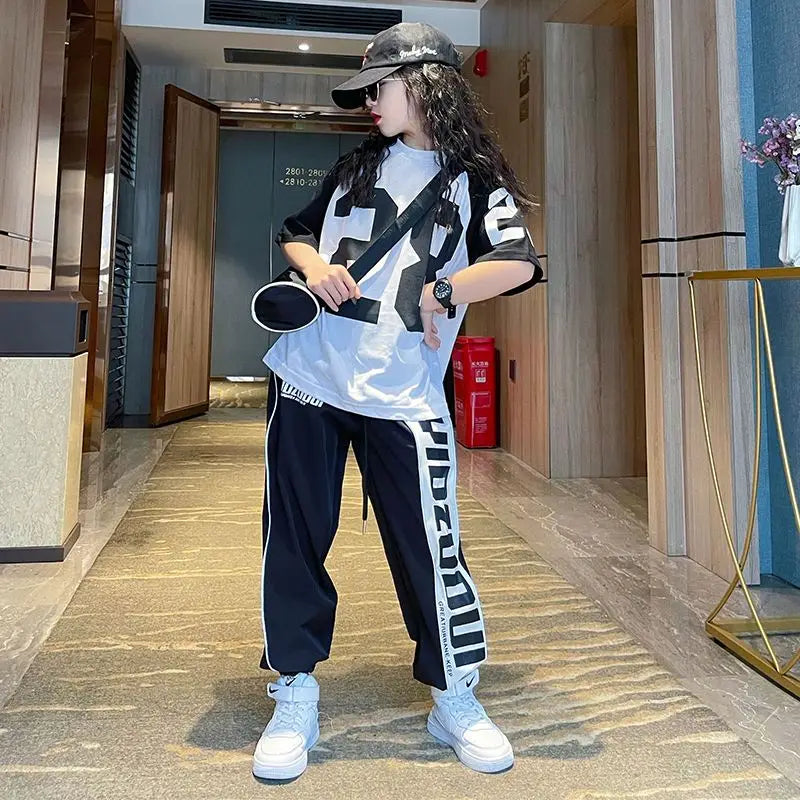 Girls Summer New Fashion Sports Cotton 2pcs T-shirts+Pants Suits 5-14 Years Teenage Girls Hiphop Oufits Tops Sets Kids Clothing