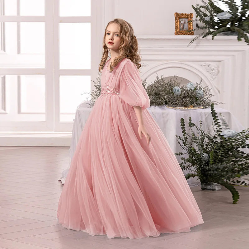 Teenage Girls Christmas Party Dresses For Children V Back Big Bow Tulle Long Dress For Kids Birthday Party Wedding Pageant Gown