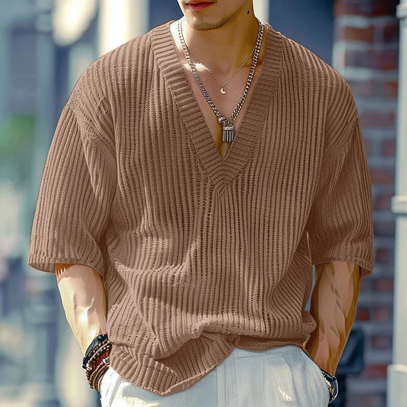 Summer Half Sleeve Knit T-Shirts Men Elastic Loose Tops Fashion V-Neck Casual Tees Male Knitting Pull On T Shirt Streetwear Man