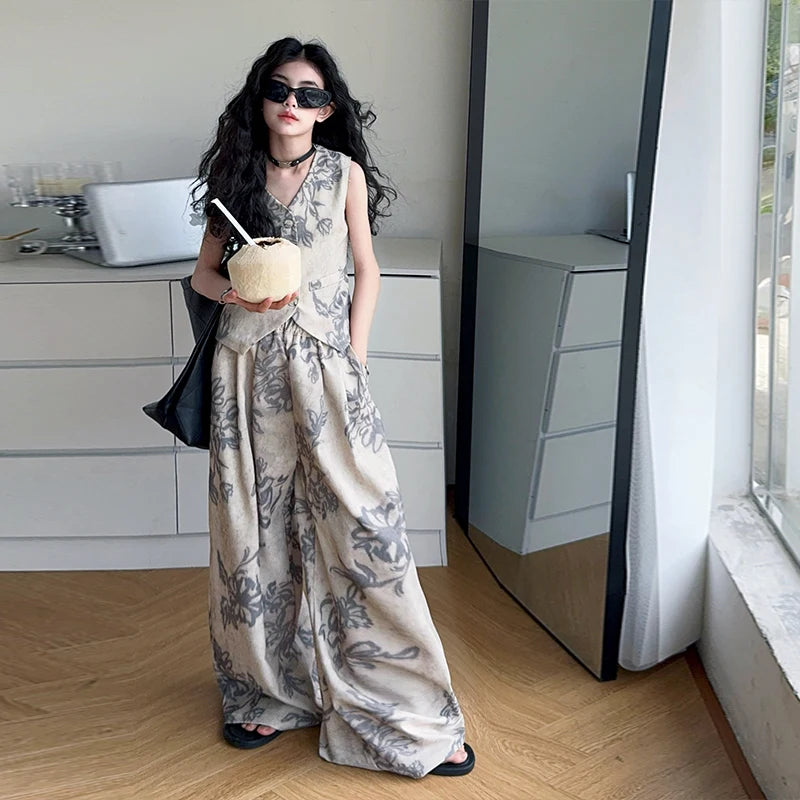 Summer Teenage Girls 2PCS Clothing Sets V-Neck Vest + Wide Leg Pants Fashion Print Cool Suit Streetwear Kids Vintage Tracksuits
