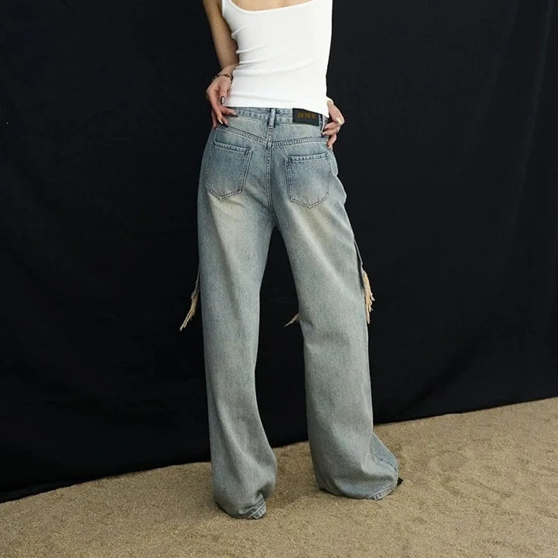 2026 New Women's Jeans Trendy Brand High Street Splicing Distressed Loose Casual Wide Legs Straight Long