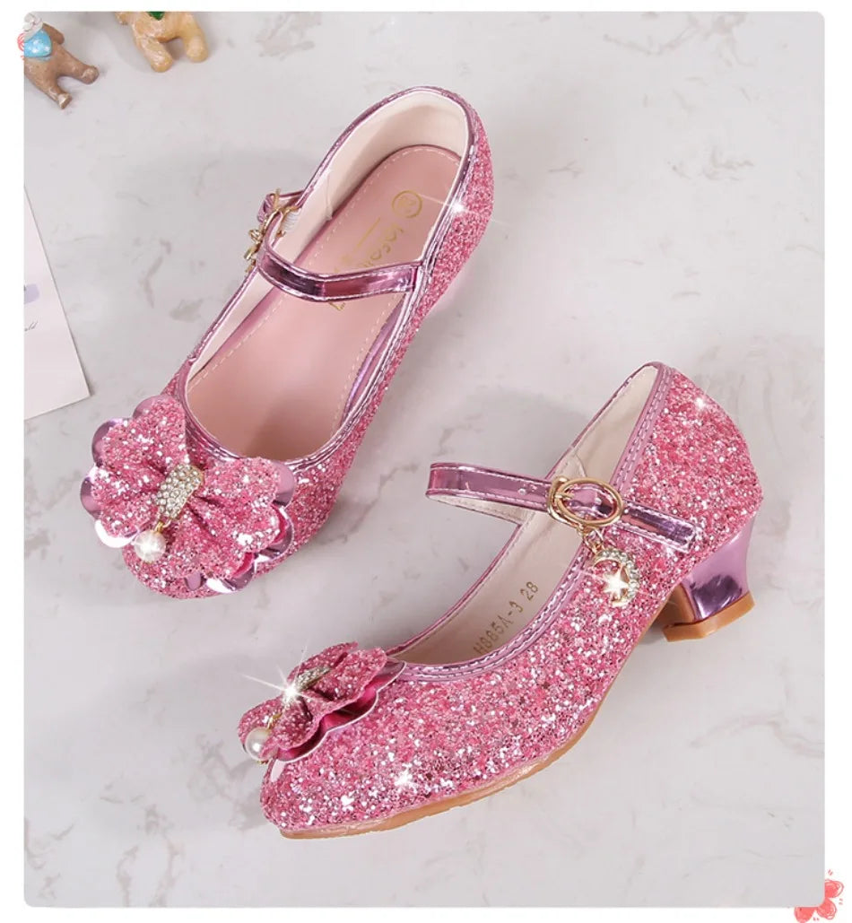 Classic Bow Girl Pu Leather Shoes For Girls Party Dance Children Shoes 3-14 Years Princess High Heels Child Wedding Shoes HSD09