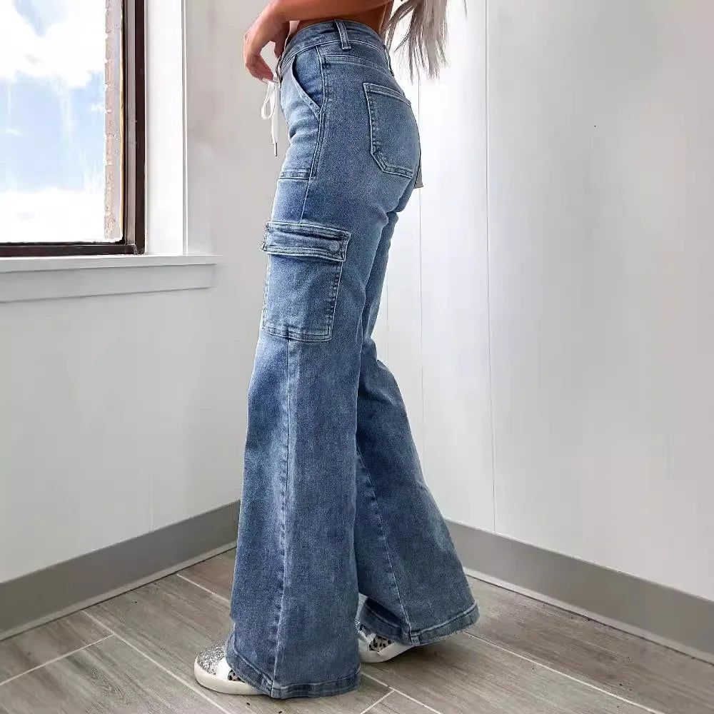 2026 Women's Casual Straight Leg Jeans Pants Fashion Style Belt and Multiple Pockets Functional Work Pants Female Cargo Trousers