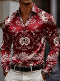 Men's floral print ethnic style floral long sleeved shirt, retro vacation daily clothing, spring collar casual button up shirt